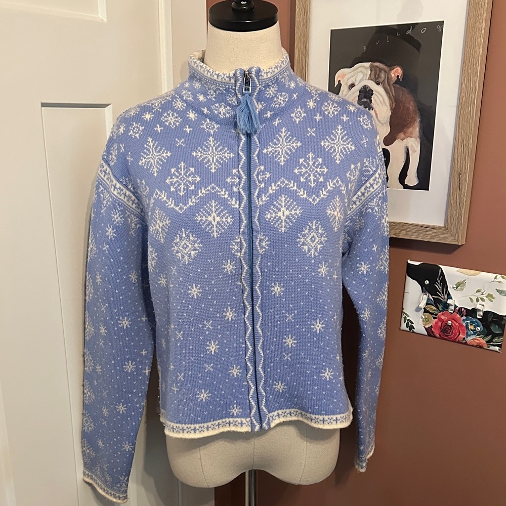 Vintage Obermeyer 1947 Signature women’s Blue white Snowflake zip up M Cardigan